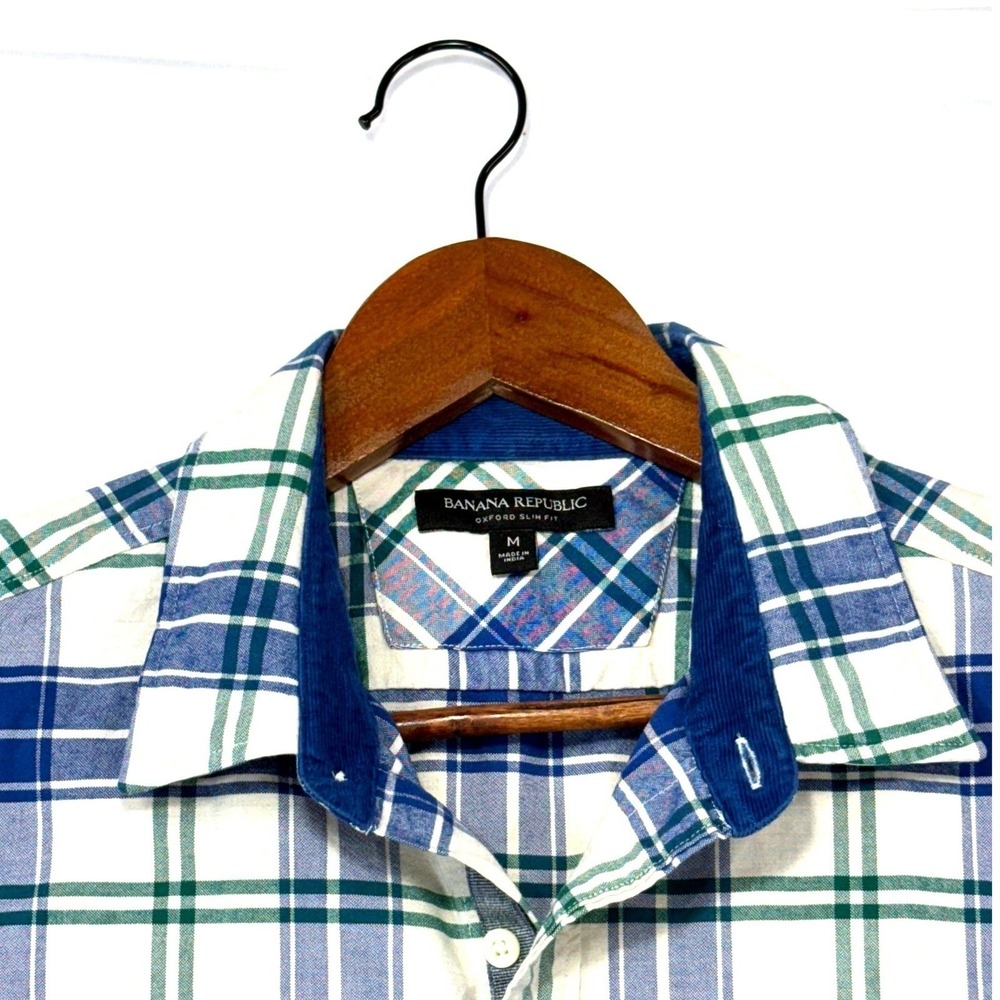 Banana Republic Oxford Slim Plaid Blue Green White Corduroy Collar Men's Size M